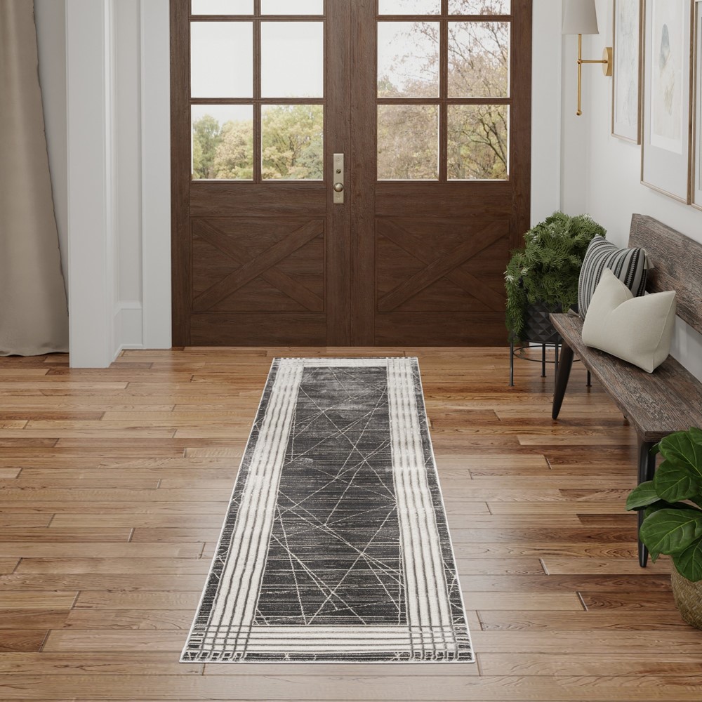 Desire DSR01 Geometric Runner Rug by Nourison in Charcoal Silver Grey